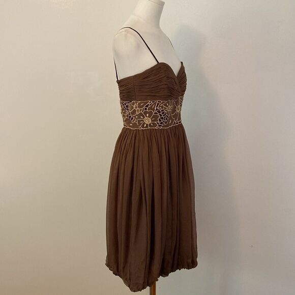 Vintage 00's Laundry by Design Brown Bubble Hem Ruched Silk Dress Size 4 - Picture 5 of 14